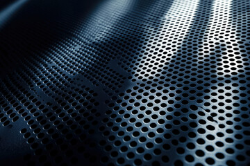 Dark metallic surface with evenly spaced circular holes, illuminated by streaks of light.