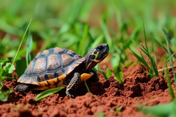 Fototapeta premium Yellow-footed tortoise walking on red soil in lush green grass