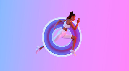 Serious Sporty Woman Running In Mid-Air Exercising During Workout Over Pink And Blue Neon Background, Studio Shot. Fitness And Sport. Panorama With Empty Space For Text, Full Length