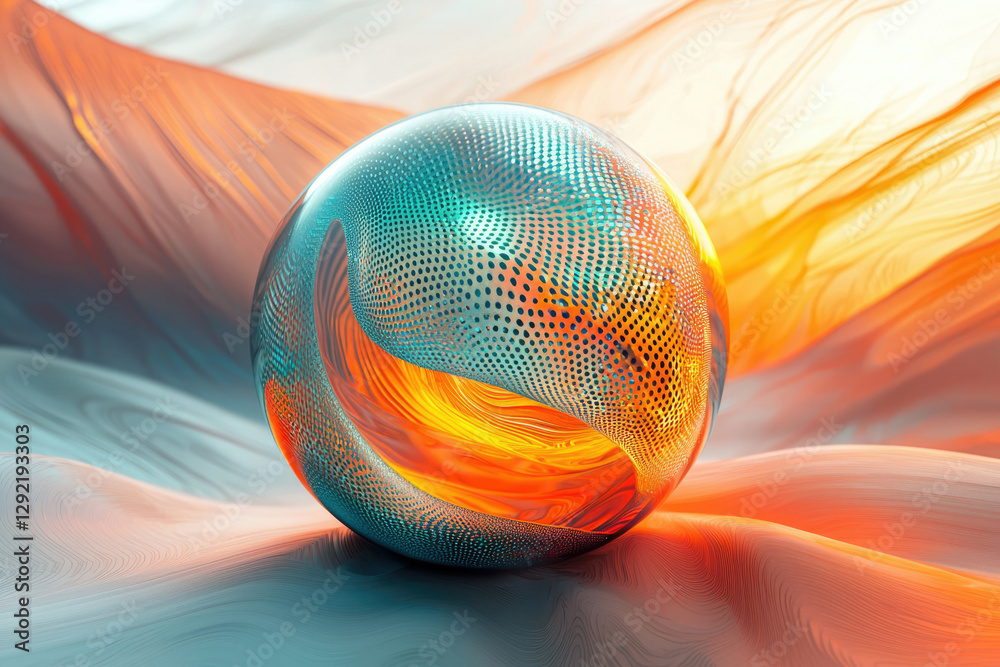 Aufkleber a teal and orange sphere with a textured surface rests on a flowing, abstract background.