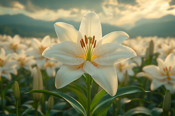 Fototapeta premium Serene white lilies blooming in a field under a soft, atmospheric sky