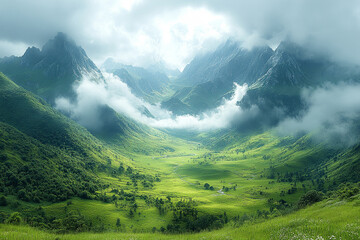 Fototapeta premium Emerald Valley Majesty, Verdant Mountains Shrouded in Whispering Clouds