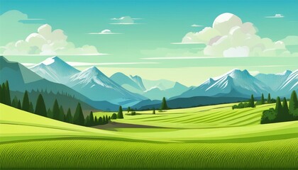 beautiful landscape wonderful landscape of green fields and meadows against the backdrop of mountains  illustration