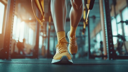 Close-up of athlete's legs in yellow sneakers during gym workout