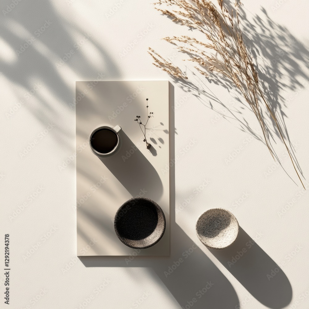 Poster Tea and coffee setup on a minimalistic table with shadows and dried plants in natural light. Generative AI