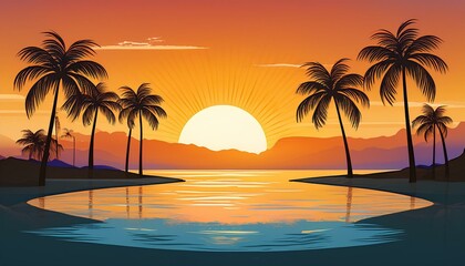 Obraz premium morning on the beach with a beautiful landscape of palm trees morning on the beach with palm trees orange sunrise summer sunrise paradise beach sun