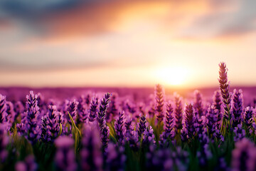 Fototapeta premium A breathtaking view of lavender fields under a glowing sunset sky. The rich hues and peaceful scenery evoke a sense of calm, beauty, and connection with nature.