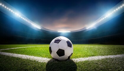 Naklejka premium soccer ball in a stadium with lights a classic black and white soccer ball on green grass in the center of a stadium illuminated by spotlights