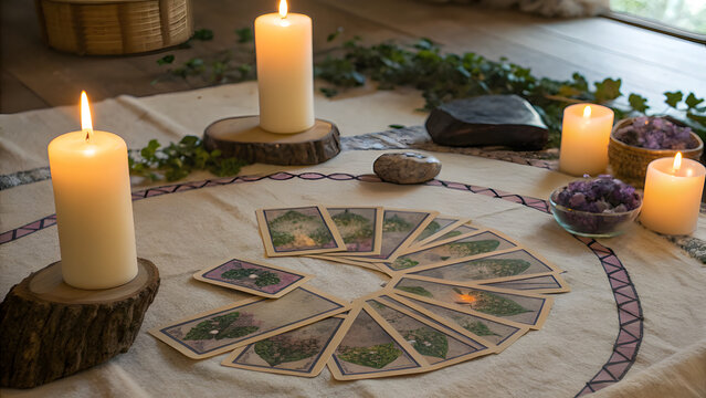 tarot cards with candles and ametist stoneson the magic table