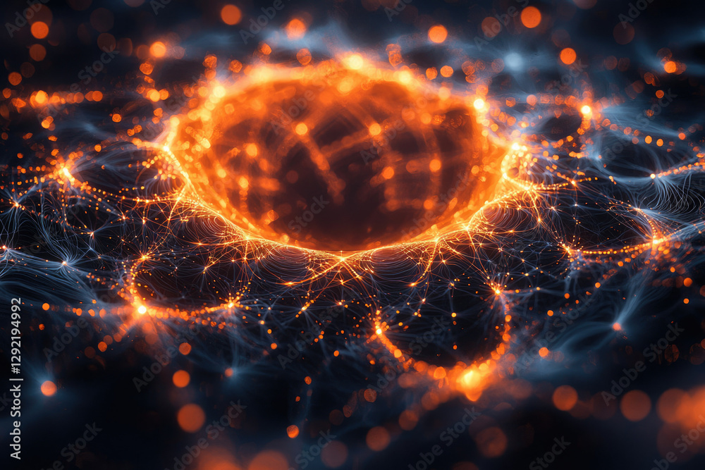 Poster abstract cosmic artwork depicting a fiery nebula with interconnected glowing particles and a central