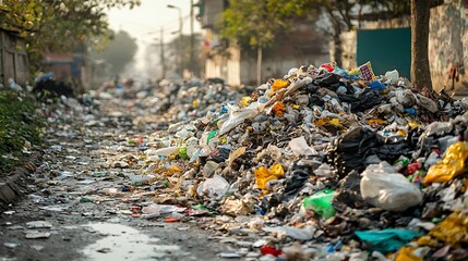 Overflowing trash piles on a city street.