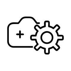 Obraz premium Camera settings icon with cogwheel in black outline style