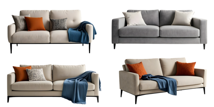 A modern Sofa set and pillows on isolated transparent background. modern interior, minimalist design.