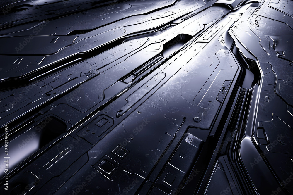 Poster abstract futuristic metallic surface with intricate panel lines and textures, sleek and dark.