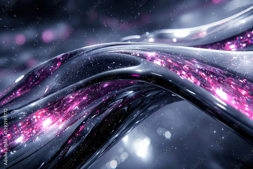 Poster abstract digital art depicting flowing metallic liquid with embedded pink crystals and sparkling par