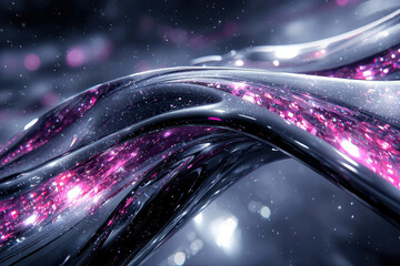 Abstract digital art depicting flowing metallic liquid with embedded pink crystals and sparkling particles.