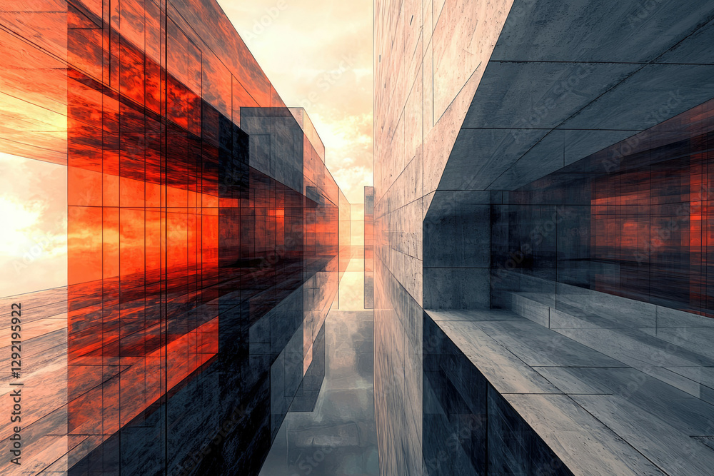 Poster Abstract architectural rendering showcasing a futuristic concrete and glass structure with vibrant orange reflections at sunset.