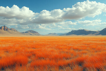 Fototapeta premium Vibrant Autumnal Grassland Vista with Distant Mountains and Azure Skies