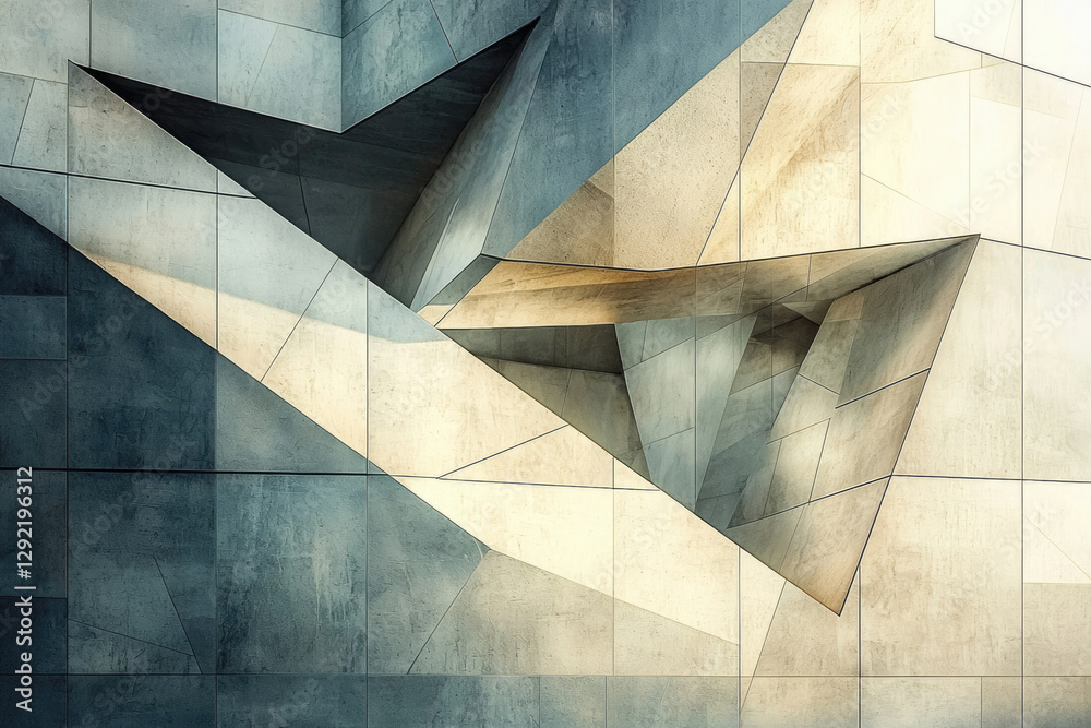 Poster Abstract architectural design showcasing intersecting geometric shapes and contrasting colors in a modern building.