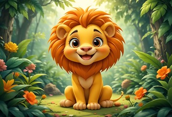 Cartoon lion in the park with a cute and fun style