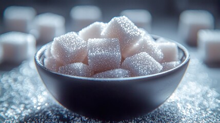 Close-up of sugar cubes in a dark bowl on a sugared surface