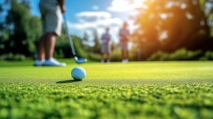 Golfers chatting while one prepares a putt on green.