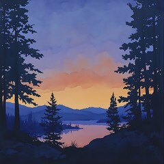 Forest lake under tranquil twilight with starry skies high resolution picture