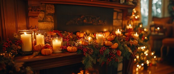 Fall decor on mantle with lit candles and garland, blurry room background