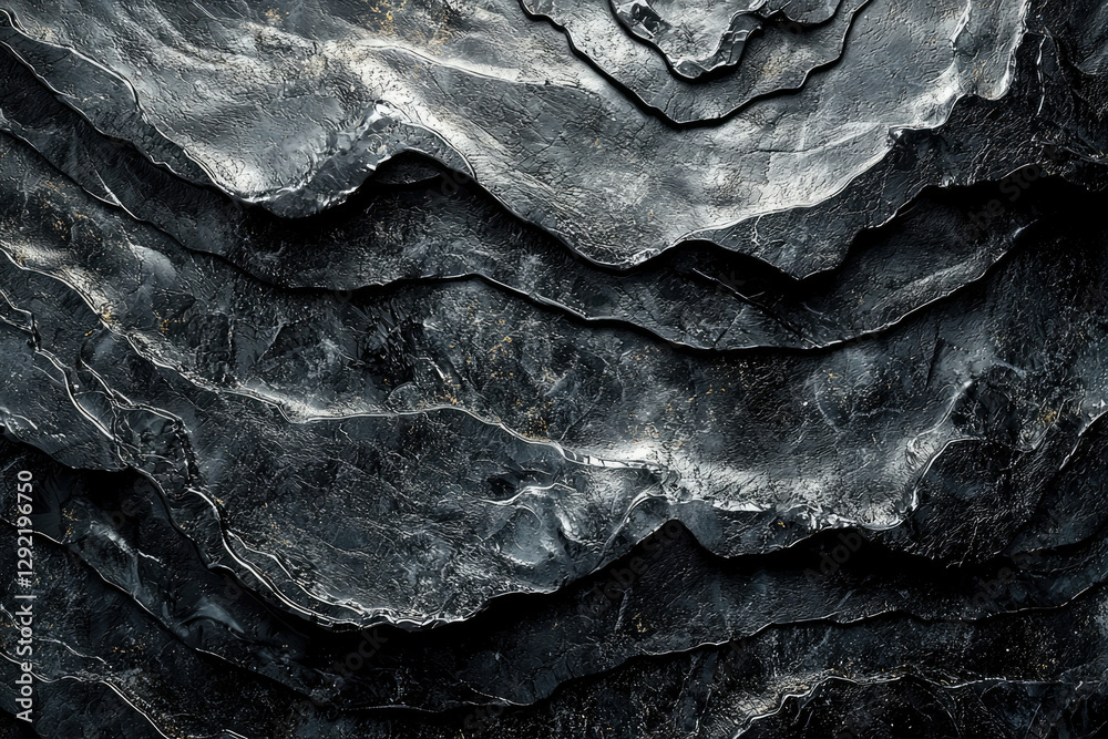 Poster Dark, layered rock texture with deep shadows and intricate patterns, showcasing natural geological formations.