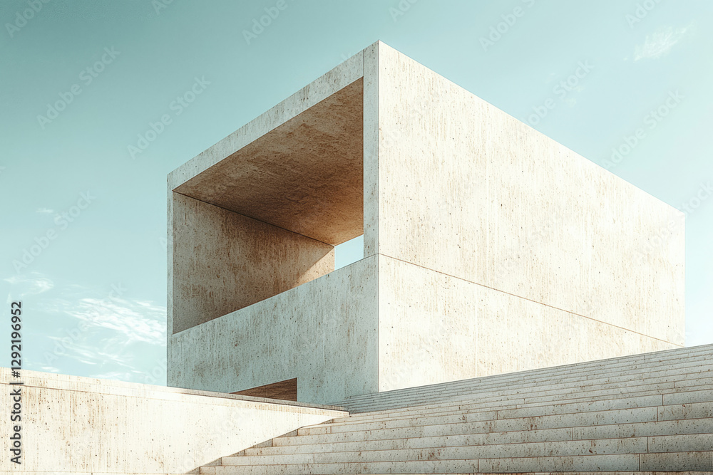 Poster minimalist concrete architecture under a clear sky, showcasing geometric lines and open space.