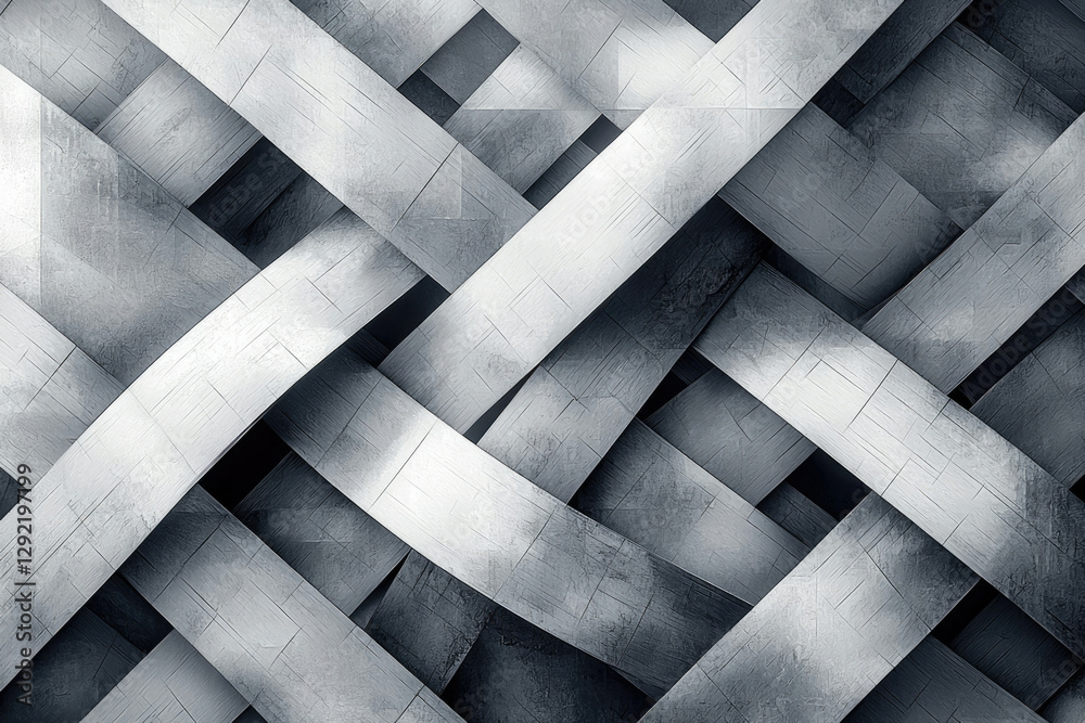 Poster abstract grayscale image featuring interwoven, textured, metallic bands creating a complex geometric