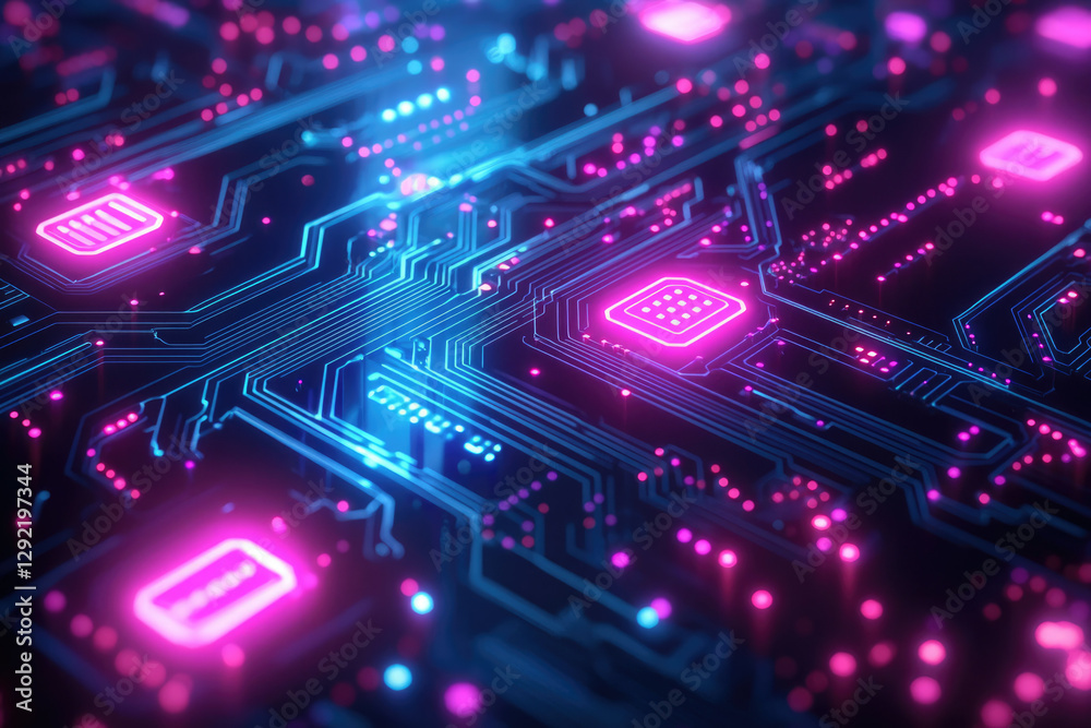 Poster Abstract close-up of a glowing circuit board, showcasing intricate electronic pathways and integrated components.