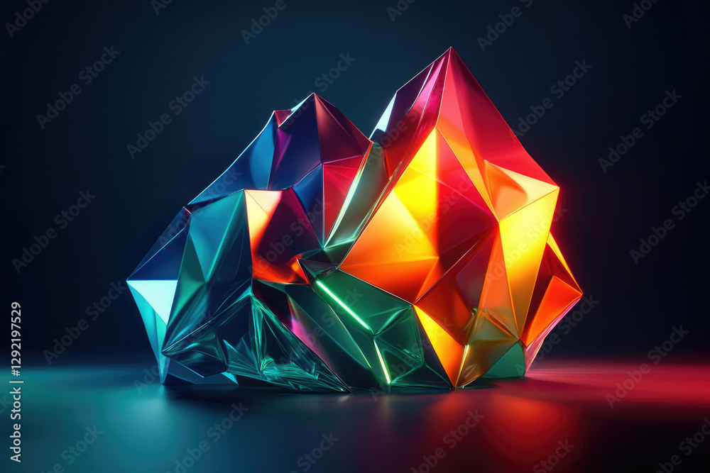 Poster abstract 3d rendering of a vibrant, multifaceted, iridescent gemstone reflecting colorful light.