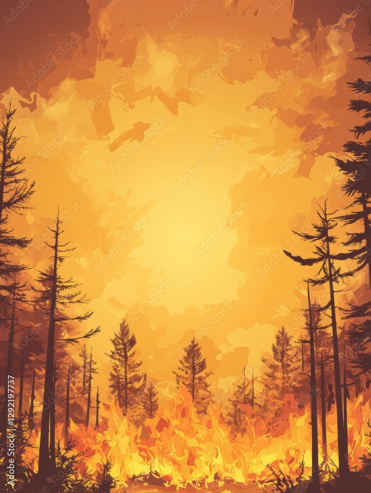 Poster majestic forest ablaze with flames creating thick smoke under a warm colored sky perfect for text. g