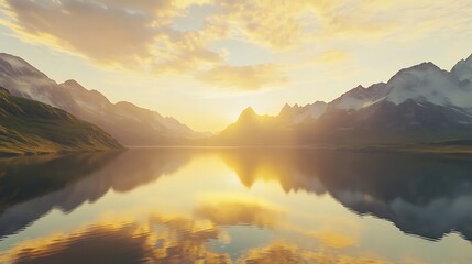 Fototapeta premium Golden sunset over serene river with vibrant marshland and hills high resolution picture
