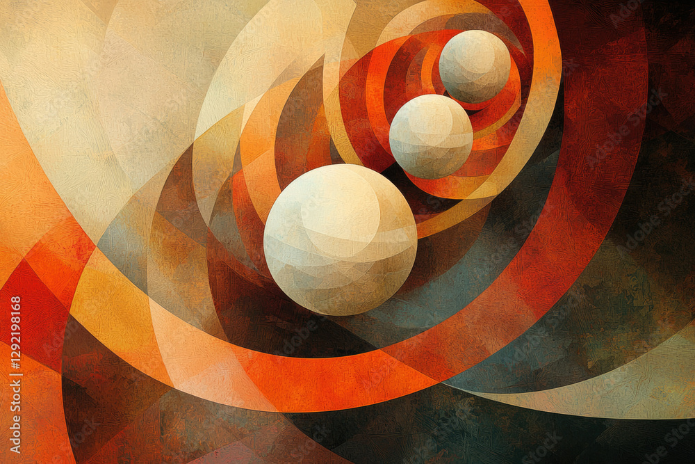 Poster abstract artwork featuring three spheres nestled within swirling, warm-toned geometric patterns.