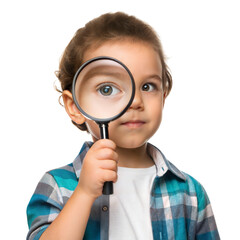 Curious child examining magnifying glass home portrait close-up exploration, isolated on white or transparent background