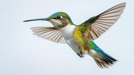 Fototapeta premium Green hummingbird in mid-flight with iridescent feathers and outstretched wings, isolated on a white background, ideal for nature conservation, birdwatching, and wildlife photography.