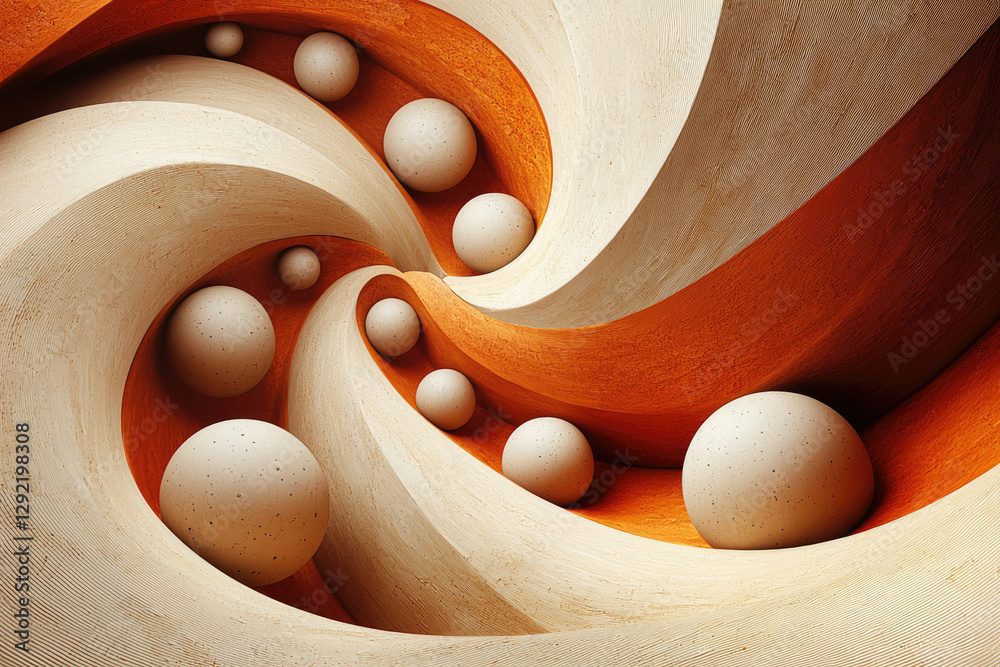 Poster Abstract 3D rendering of swirling beige and orange forms with embedded spheres, creating a dynamic and visually engaging composition.