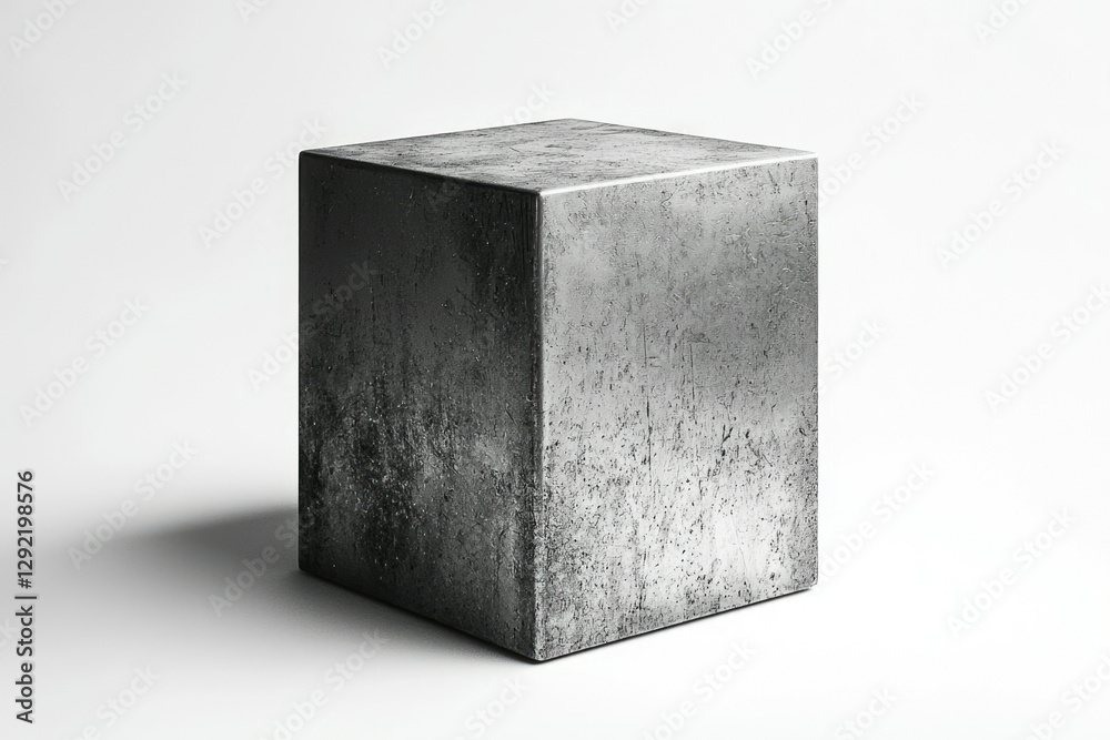 Poster a weathered, gray cube stands alone against a stark white background, showcasing its rough texture a