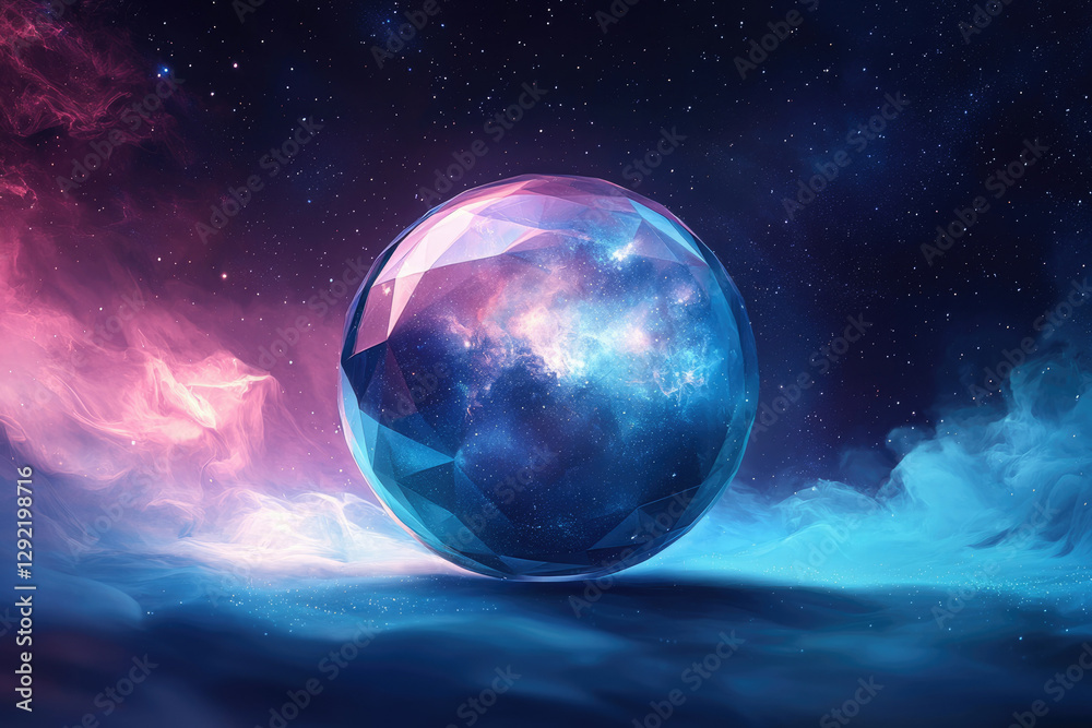 Poster a faceted sphere containing a nebula floats in a cosmic expanse of pink and blue nebulae.