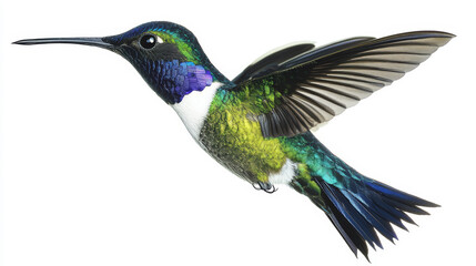 Fototapeta premium Green hummingbird in mid-flight with iridescent feathers and outstretched wings, isolated on a white background, ideal for nature conservation, birdwatching, and wildlife photography.
