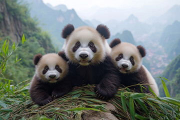 Obraz premium Captivating portrait of Giant Panda family in a lush mountainous landscape
