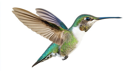 Fototapeta premium Green hummingbird in mid-flight with iridescent feathers and outstretched wings, isolated on a white background, ideal for nature conservation, birdwatching, and wildlife photography.