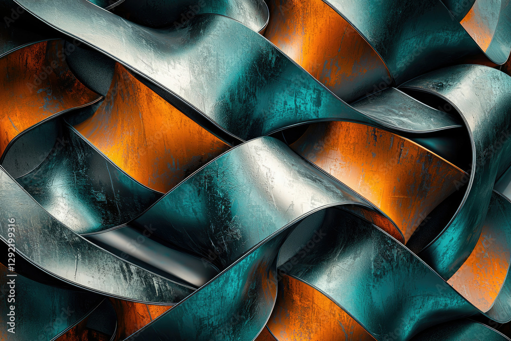 Aufkleber abstract 3d rendering of interwoven metallic ribbons in teal and orange, showcasing a textured and d