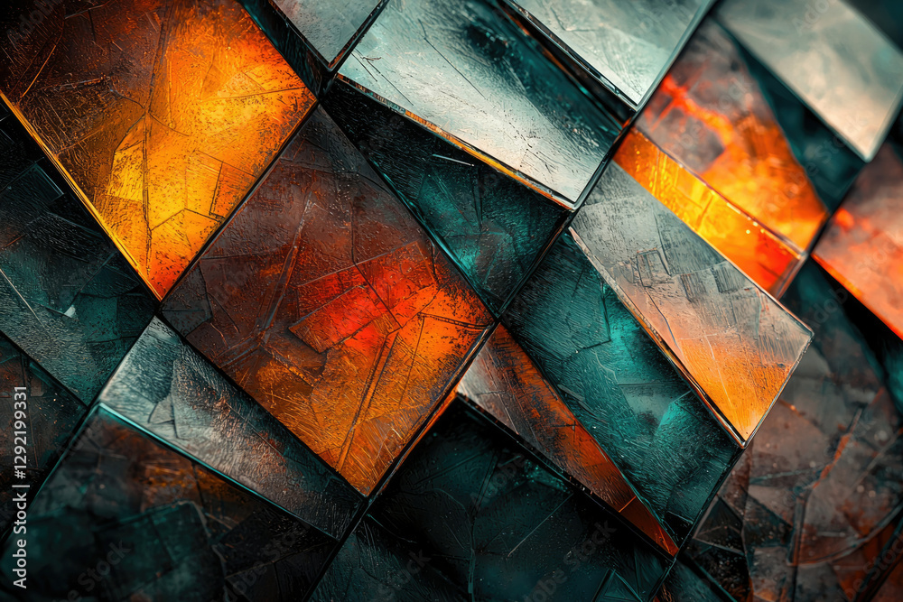 Poster Abstract metallic geometric pattern with orange, teal, and dark hues creating a textured, angular design.