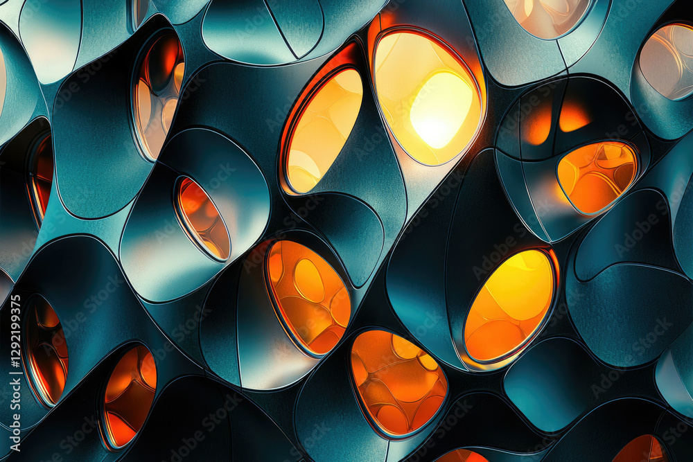 Poster Abstract 3D rendering of a futuristic, biomorphic structure with teal and orange glowing elements.