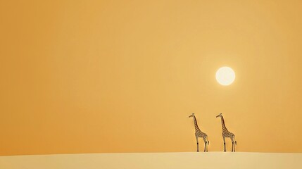   A pair of giraffes gracefully stand side by side atop a snow-covered meadow, bathed in the golden glow of the setting sun