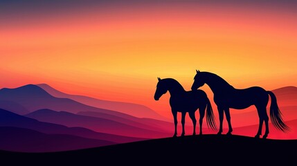   Two horses stand atop a hill, surrounded by vibrant orange and pink clouds in the sky