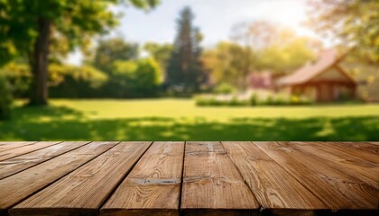 Fototapeta premium Empty old wooden table background surface with blurred green yard background. Empty table mockup for products